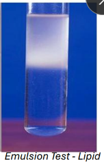 <p>test with ethanol and distilled water, no heat needed</p><p>colour change - colourless then forms white emulsion</p>