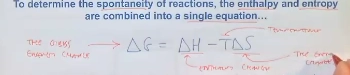 <ul><li><p>Gibbs free energy! deltaG</p></li><li><p>negative deltaG (spontaneous)</p></li><li><p>positive deltaG (non spontaneous)</p></li><li><p>zero deltaG (at equilibrium)</p></li></ul><p>(equation)</p><ul><li><p>deltaG = deltaH - T * deltaS </p></li><li><p>tells us if a rxn is spontaneous, considering T, deltaH (Exo vs endo), and deltaS (change in order)</p></li><li><p>tells us if products are more stable than reactants, accounting for both enthalpy &amp; entropy</p></li></ul><p></p><p></p>