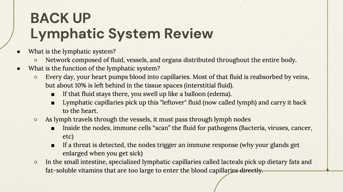 <p>The lymphatic system is responsible for maintaining fluid balance, transporting nutrients, and playing a key role in immune defense by aiding in the removal of pathogens from the body. </p>