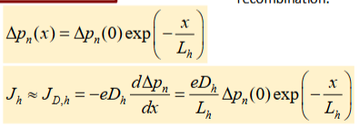 <p>Assumptions:</p><p>(1) Infinitely long semiconductor</p><p>(2) Steady states: ∂/∂t = 0</p><p>(3) Negligible electric field: Ex ~ 0</p><p>(4) Surface photogeneration: Gph ≠ 0 only when x = 0</p>