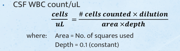 <p><strong><u>Cell count</u></strong></p><ul><li><p><span style="color: yellow;">Routinely</span> performed on CSF</p></li></ul><p></p>