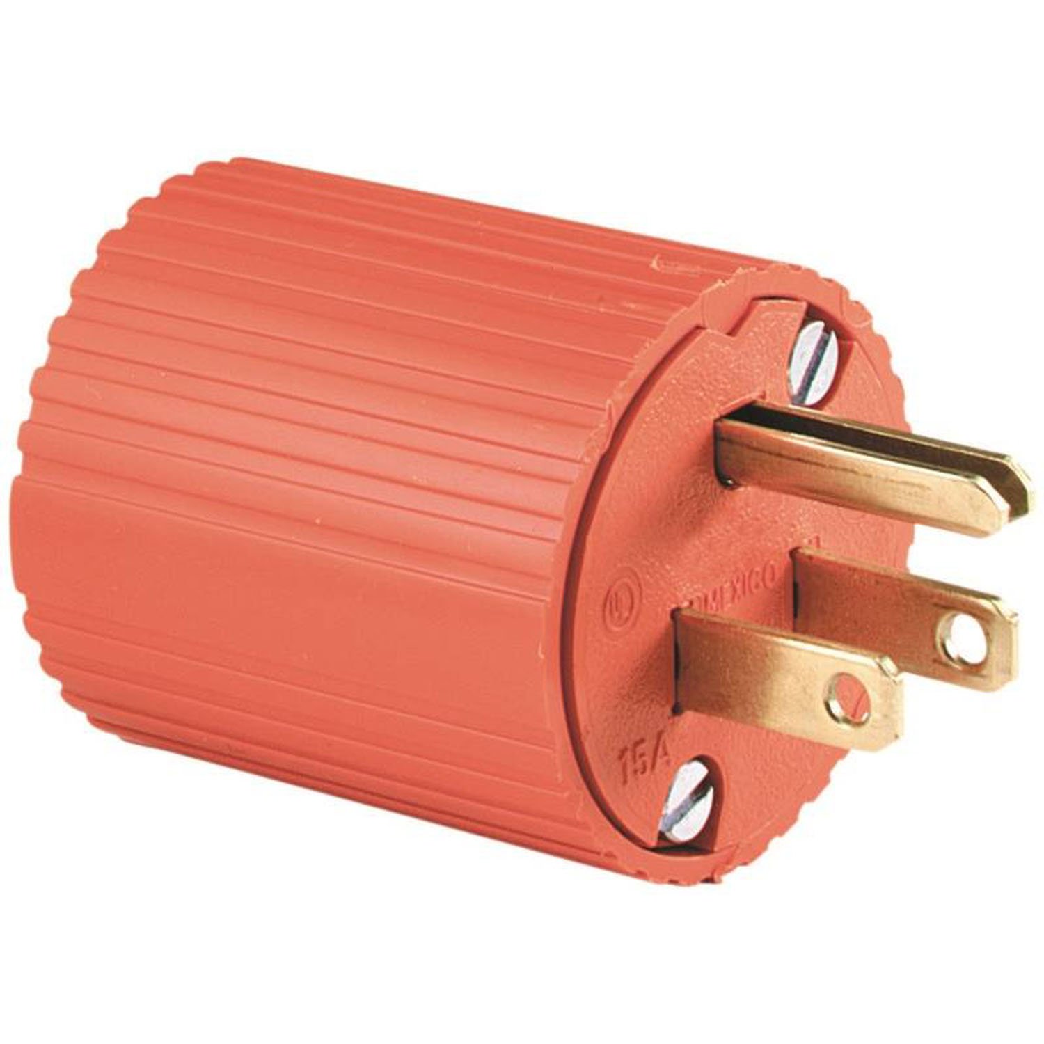 <p>Male electrical plug attached to the end of extension or power tool cords, used to connect flexible cords to receptacles for power supply.</p>
