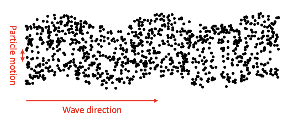 <p>particles in medium vibrate perpendicular to direction the wave is travelling </p>