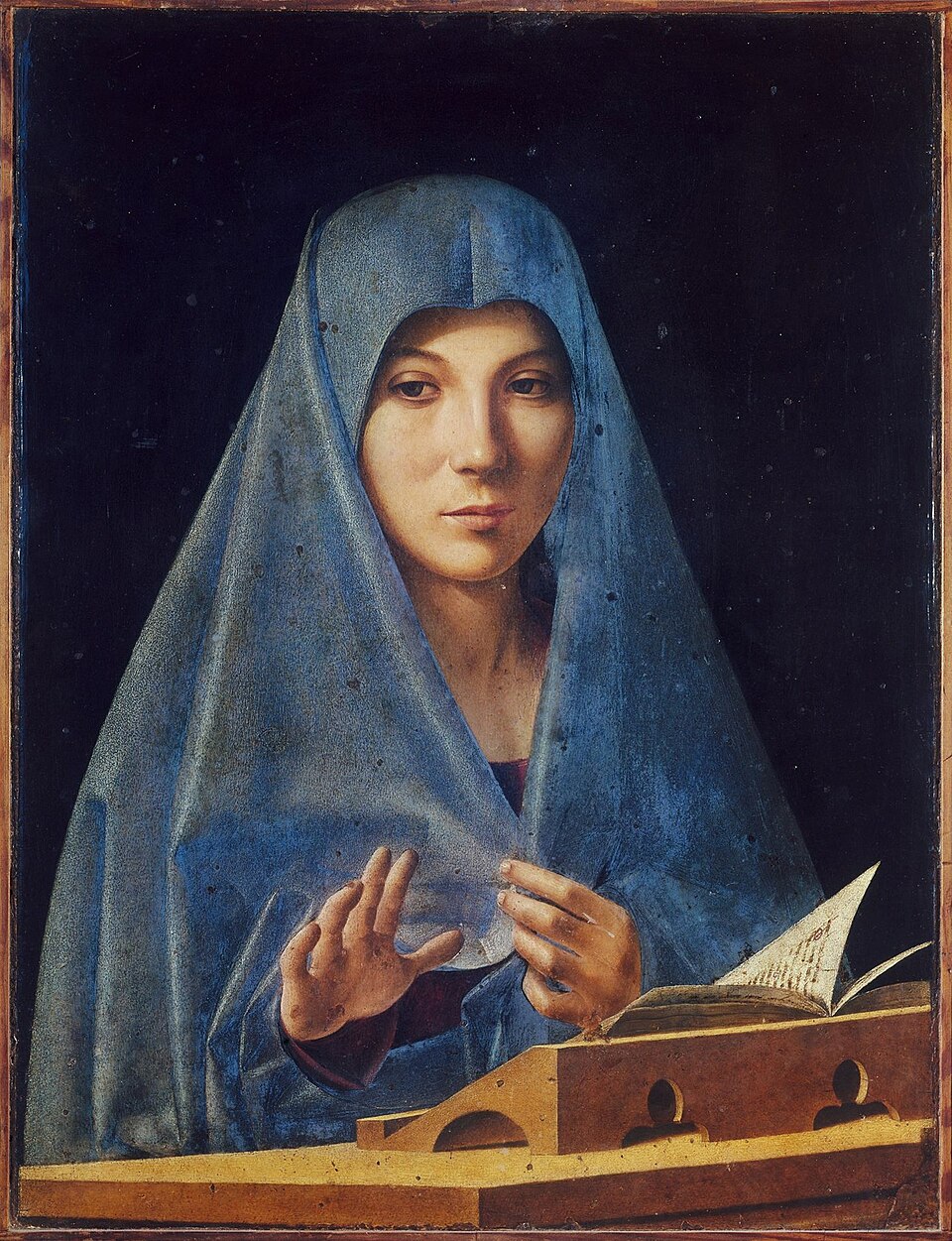 <p><strong>Antonello da Messina, <em>Virgin Annunciate</em>, ca. 1476.</strong></p><ul><li><p>direct and subtly commanding Mary </p></li><li><p>implicating us, the viewer, or implying that Gabriel is out of the Frame and with us. </p></li><li><p>anticipating the high renaissance, simple wool garment</p></li></ul><p></p>