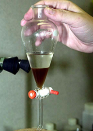 <p>Two immiscible layers: organic (<strong>S2</strong>) and aqueous (<strong>S1</strong>) in separatory funnel</p><ul><li><p>Immiscible liquids remain in separate phases</p></li></ul><p></p>
