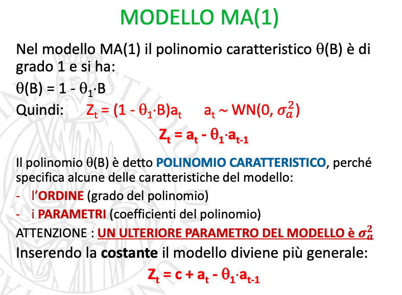 <p><span>Si chiama MA (Moving Average=media mobile) anche se in realtà è una </span><span style="color: rgb(192, 0, 0);"><strong>somma ponderata </strong></span><span>di v.c. WN e al variare di t la somma ponderata </span><span style="color: rgb(192, 0, 0);"><strong>si muove</strong></span><span>.</span></p>