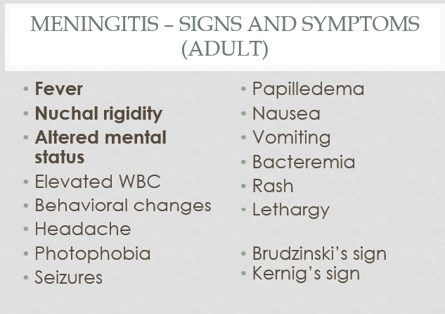 <ol><li><p>Fever</p></li><li><p>Nuchal rigidity</p></li><li><p>Altered mental status</p></li></ol><p></p>