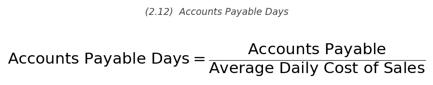 <p>\text{AP Days} = \dfrac{\text{Accounts Payable}}{\text{Average Daily Cost of Sales}}</p>