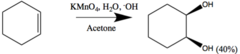 <p>OH and OH add syn. +/-.</p><p>Solvent is acetone with KMnO4, H2O, OH-</p>