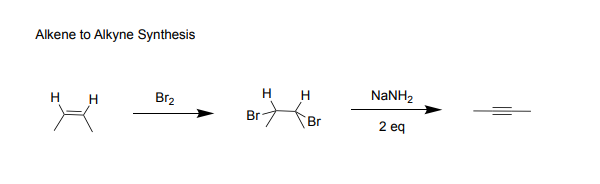 <p>-alkene to alkyne synthesis</p><p>-makes TERMINAL ALKYNE</p><p>-go from alkene to alkyne in two steps (need two hydrogens </p>