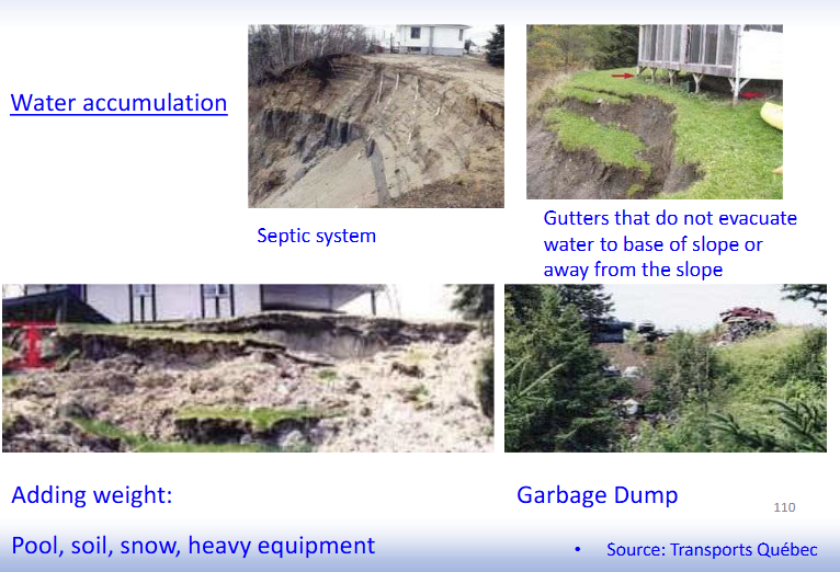 <p>Water accumulation:</p><ul><li><p>septic system</p></li><li><p>gutters that do not evacuate water to base of slope or away from slope</p></li></ul><p></p><p>Adding weight:</p><ul><li><p>Pool, soil, snow, heavy equipment</p></li></ul><p></p><p>Garbage dump</p>