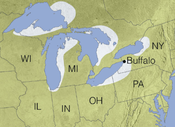 <p>Lake effect snow mainly impacts which bodies of water?</p>