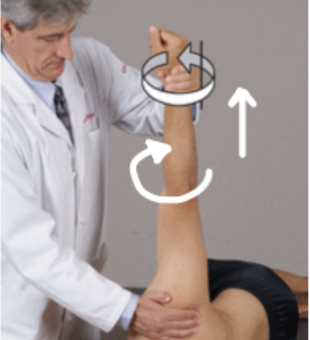 <ol><li><p>patient on lateral recumbent (on their side)</p></li><li><p>abduct patient’s shoulder to 90</p></li><li><p>cephalad hand holds shoulder</p></li><li><p>caudad hand on wrist, applying traction (upward tension), circumducting</p></li></ol><p></p>