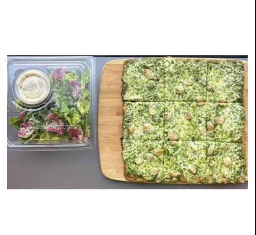 <p>Pesto, garlic confit, mozzarella, parmesan, topped with The BEST arugula salad</p><p>Guests can select if they would like it sliced or not sliced</p><p>Modification options: None</p><p>Allergens: Dairy, Seeds (sunflower), Garlic</p>