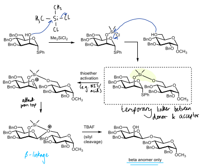 <ul><li><p>Used to make 1,2-cis glycosidic bonds </p></li></ul><ul><li><p>A temporary linker between donor &amp; acceptor molecules is positioned so that it restricts attack by the acceptor to the correct face of the donor ring</p></li></ul><p></p>
