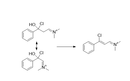 <p>Following the reaction mechanism,  after the addition to the vislmeier reagent, the cloride attacks on the ketone and expels water creating the double bond, as this dimethylammonium group is pretty large it prefers to be trans to the large phenyl group due to steric hinderance, so it is more likely the compound is in the this configuration before the double bond is formed.w</p>