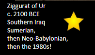 <p>Zggurat of Ur</p><p>2100BCE</p><p>Southern Iraq</p><p>Sumerian</p><p>Neo-Babylonian</p><p>1980’s</p>
