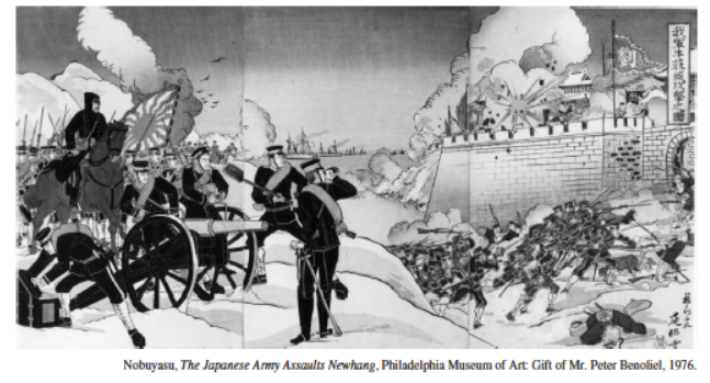 <p>In the Japanese print above of the war between China and Japan (1894-1895), the artist suggests that the</p>