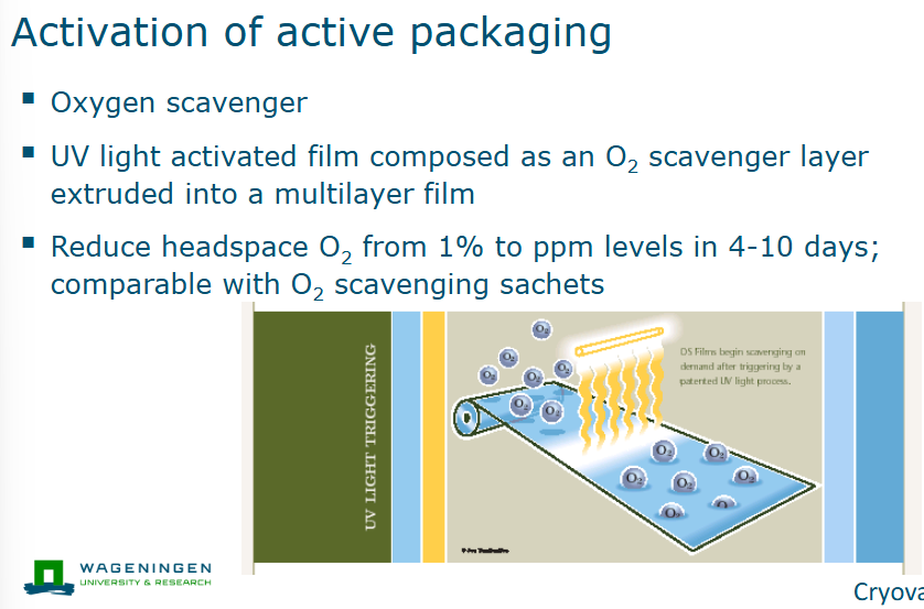 <ul><li><p>When active components are incorporated into the film</p></li><li><p>However these may degrade overtime when packaging is not yet used</p></li><li><p>Therefore this packaging can be activated using for example UV light. </p></li></ul><p></p>