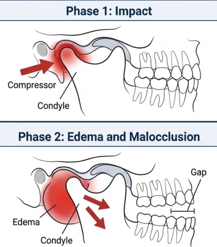 <p>Inflammation off retro disc tissue related to suppression of TMJ cavity </p><p>Diagnostic key- severe edema in retrodiscal space pushes condyle down and forwards- causes acute loss of ipsilateral posterior occlusal contact (malocclusion) </p><p>Extrinsic etiology- trauma (whiplash or blow to chin) impacts condyles into posterior zone</p><p>Intrinsic- chronic anterior disc dislocation, condyle repeatedly compresses retrodiscal bed </p><p>Treat- temp stabilisation appliance to offload tissue (extrinsic) or anterior repositioning device (intrinsic)</p>