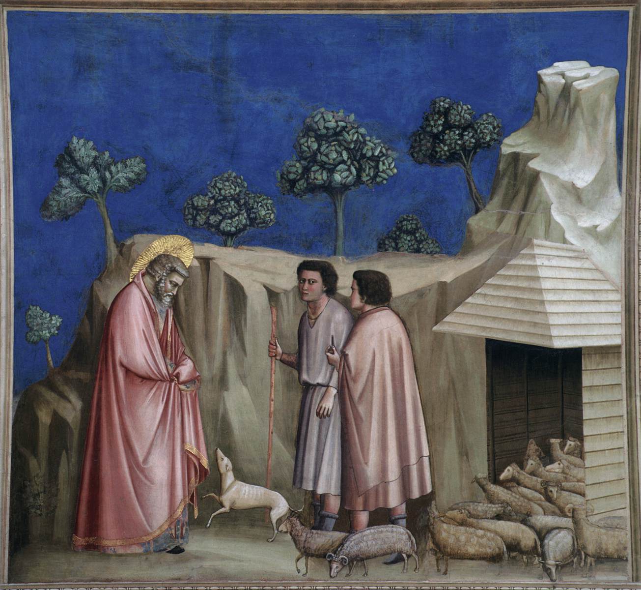 <ul><li><p>Depicts the namesake saint, after being driven out of the temple in a state of sadness, going to the desert and embracing the lifestyle of the shepherds there, requesting to join them, which they accept</p></li></ul><p></p>