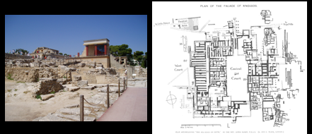 <p><em>Palace of Knossos</em>, Crete, ca. 1600-1400 B.C.E.</p><p><span>•First instance of a highly developed, <u>urban culture in the Western hemisphere</u></span></p><p><span>•Sprawling structure with throne rooms, reception halls, drainage system, and extensive storage facilities for wine, grain, oil, honey, etc.</span></p><p><span>•Use of columns with bulbous capitals</span></p><p><span>•Numerous true fresco paintings decorated the palace</span></p>