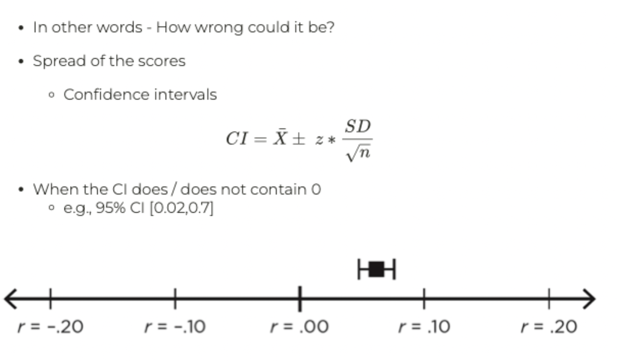 <ul><li><p>How wrong could it be?</p></li><li><p>Spread of scores</p></li><li><p>Confidence internals </p></li><li><p>When the CI does/does not contain 0 </p><ul><li><p>ex. 95% CI (0.02, 0.7) </p></li></ul></li></ul><p></p><ul><li><p>Statistically significant as it does not include 0</p></li><li><p>Both bars fall below 0</p></li></ul><p></p>