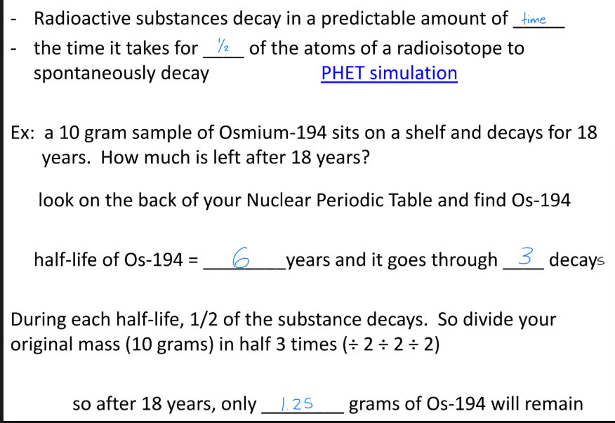 <ul><li><p>elements that have short half-lives must have been recently created in a lab by fission or fusion from other elements</p></li><li><p>the amount of time it takes for half of a radioactive sample to decay.</p></li></ul><p></p>