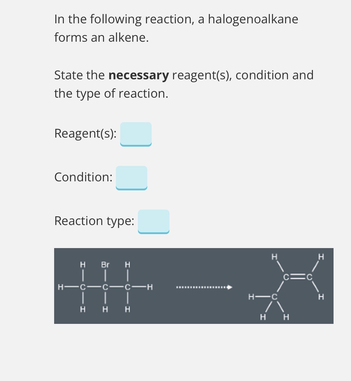 <p><strong>Elimination reactions</strong></p><p>Substitution or Elimination?</p><p><span>We’ve seen that when halogenoalkanes react with </span><strong><span>…1? </span></strong><span>hydroxides, they undergo </span><strong><span>nucleophilic substitution</span></strong><span> reactions.</span></p><p></p><p><span>And we’ve also now seen that when halogenoalkanes react with </span><strong><span>…2? </span></strong><span>hydroxides instead, they undergo </span><strong><span>elimination </span></strong><span>reactions.</span></p><p></p><p><span>However, the reality is actually a little more complex than that.</span></p><p></p><p><span>Normally, halogenoalkanes are reacted with hydroxides in a </span><em><span>mixture</span></em><span> of …3? and ethanol. And actually, it’s the …4? of each solvent that affects the type of reaction.</span></p><p></p><p><span>Also, there’s no proportion of water that absolutely guarantees that substitution will occur. And there’s no proportion of ethanol that guarantees that elimination will occur.</span></p><p></p><p><span>And to make these reactions even less certain, there are also other factors which affect which type of reaction will take place!</span></p><p></p><p><span>For example, reactions with …5?hydroxides increase the chances of nucleophilic substitution occurring. However, reactions with </span><strong><span>…6? </span></strong><span>hydroxides increase the chances of elimination occurring.</span></p><p></p><p><span>Additionally, while we typically heat the mixture for both reactions, </span><strong><span>…7? temperatures</span></strong><span> increase the chances of </span><strong><span>nucleophilic substitution</span></strong><span> occurring. However, </span><strong><span>…8? temperatures</span></strong><span> increase the chances of </span><strong><span>elimination </span></strong><span>occurring.</span></p><p></p><p>Now, the reason why these conditions increase the chances of either nucleophilic substitution or elimination occuring are pretty complicated.</p><p></p><p>This means that you’ll never be expected to explain <em>why </em>these conditions encourage a particular reaction. Instead, you’ll just be asked to state the necessary conditions for either nucleophilic substitution or elimination to occur. And so, your exam will talk about these conditions as though they <em>guarantee </em>a particular reaction, which we know isn’t quite true.</p><p></p><p>Now, if this question is only worth one mark, you’ll only be expected to state which <strong>solvent </strong>to use. So, if you’re asked what condition is needed for a nucleophilic substitution reaction, you should say that the hydroxides need to be …9?. Similarly, if you’re asked what condition is needed for elimination, you should say that the hydroxides need to be …10?.</p><p></p><p>However, if the question is worth <em>more</em> than one mark, that’s when you’ll also need to either mention the temperature, or the concentration of the hydroxide!</p><p></p><ol start="11"><li><p>Answer image question?</p></li></ol><p></p>