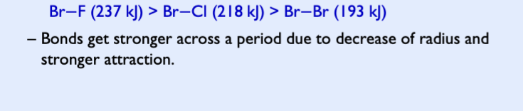 <p>the shorter the covalent bond, the stronger the bond (stronger attraction → stronger bonds)</p><p></p>