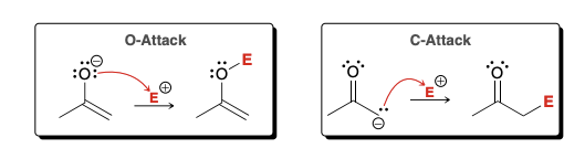 <p>Enolates are ambident nucleophiles containing two nucleophilic sites; oxygen can attack an electrophile (O attack) and alpha carbon can attack an electrophile (C attack)</p>