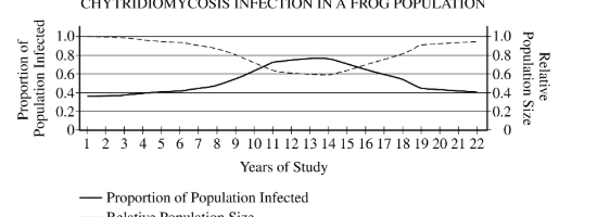 <p>Chytridiomycosis is a potentially lethal fungal infection that adversely affects some frog populations. The incidence and severity of the fungal infection can vary over time. Which of the following statements best describes the changes in the frog population that are depicted in the model above?</p><p><strong>A) </strong>The fungus that infected the frog population was initially virulent but it later became harmless. Based on the trend over the past few years of the study, the fungus has become extinct.</p><p><strong>B) </strong>Infected individuals gradually died out, and genetically resistant individuals became more common. The frog population recovered because of the increased frequency of resistant individuals.</p><p><strong>C) </strong>The patterns of the curves on the graph indicate a sudden increase in the severity of the fungal infection. A large proportion of the frog population died because the individuals could not evolve fast enough.</p><p><strong>D) </strong>The size of the frog population decreased sharply upon initial contact with the fungus. The fungus eventually became symbiotic with individual frogs, and the frog population began to recover.</p>