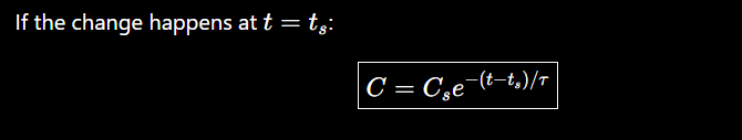 <p>Solve the problem piecewise.</p><p>The ending concentration from period 1 becomes the initial concentration for period 2</p><p>If the change happens at t=ts:</p><p>C=Cse^(-(t-ts)/T)</p><p></p>