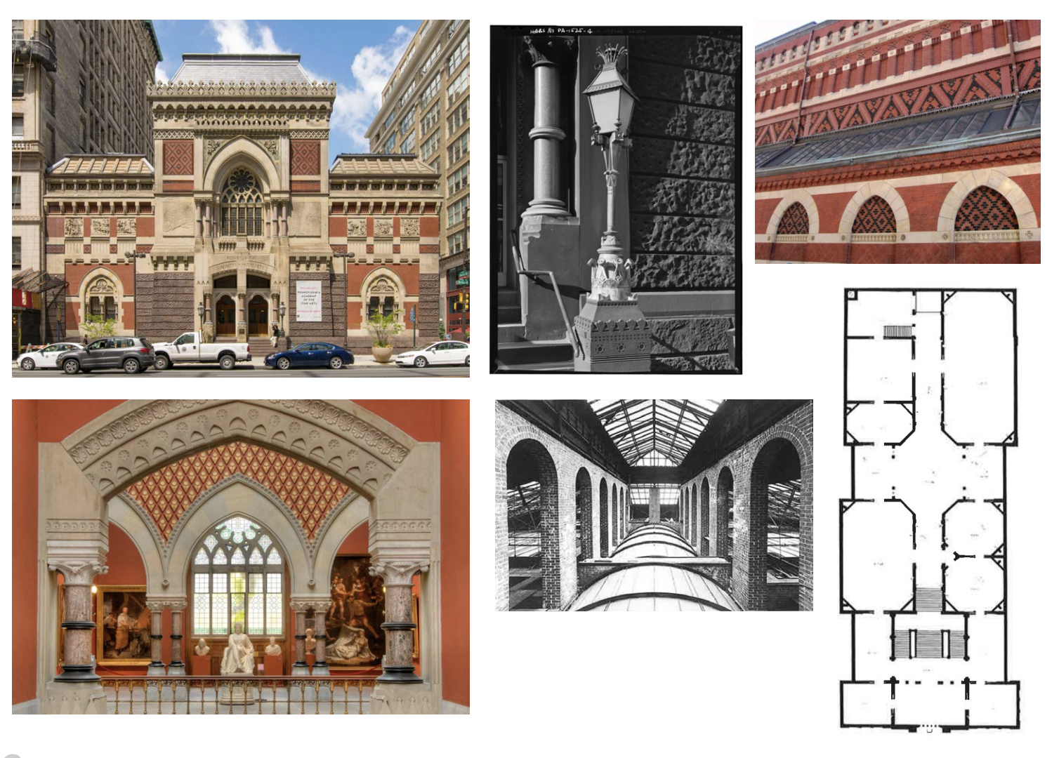 <p>Americanized Beaux Arts style, but was also rugged and industrial to fit the distinction between America and the West. Was an art museum, educated people on art, improved philly’s reputation as a place home to art and culture. Includes gothic, greek, islamic, second empire French (mansard, symmetrical). Includes stained glass windows and rose window, definitively gothic. diaper diamond patterns, delicate trace crenelation, skylights for natural light, steel beams were used but painted. Eclectic pillars resembled pistons and the industrial revolution.</p>