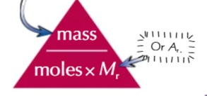 <p>moles = mass in g / Mr of molecule. this is the conversion triangle for moles, mass and Mr.</p>