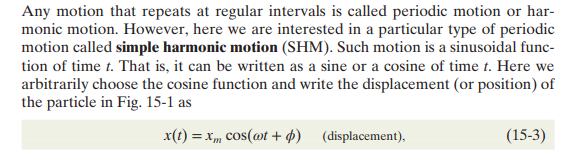 <p>SHM follows a sinusoidal pattern in terms of its motions (due to constantly swinging back and forth between highs and lows relative to the equilibrium position). </p><p></p><p>X<sub>M</sub>: Defined as the maximum displacement that the object has; if I took a pendulum and pulled it back 40 degrees, then X<sub>m</sub> would be 40 degrees. Logically, this should make sense given that the cosine function alternates between -1 and +1, so the pendulum would oscillate between 40 degrees to the right and to the left of the equilibrium position (as expected). </p><p></p><p>w: Angular frequency of the object </p><p></p><p>t: time </p><p></p><p>Phi: the phase cosntant </p>