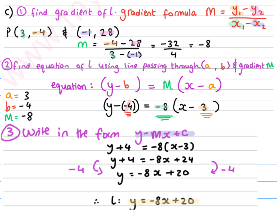 <p>DO NOT DO dy/dx at (−1,28), thats gonna <strong><u>give grad of curve,</u></strong> <strong><u>q. wants grad of l.</u></strong><br><br>Do this:<br>grad of l = y2 - y1 / x2-x1 (first find the coords of p, not always present)</p>