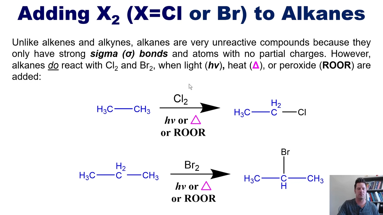 <p>Alkanes are generally <strong>very unreactive </strong>compounds. Since they only have <strong>sigma bonds. </strong>However, the do react with <strong>Cl2 </strong>and <strong>Br2</strong>, when <strong>heat (<em>hv)</em></strong> (Δ) or <strong>ROOR (peroxide)</strong></p><p></p><ul><li><p>this is a radical reaction</p></li></ul><p></p>