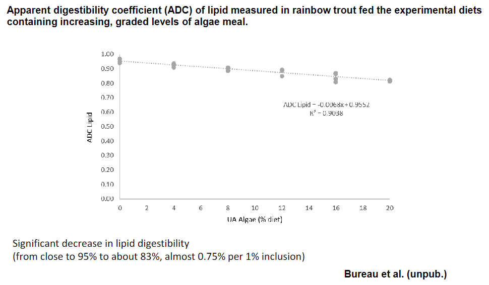 <p><strong>Study</strong><br>  • <strong>Rainbow trout</strong> were fed experimental diets containing <strong>increasing, graded levels of algae meal</strong><br>  • Source → <strong>Bureau et al. (unpub.)</strong></p><p><strong>Lipid Digestibility</strong><br>  • <strong>Significant decrease in lipid digestibility</strong> as algae meal inclusion increased<br>  • Decreased from <strong>close to 95%</strong> to about <strong>83%</strong><br>  • Almost <strong>0.75% decrease in lipid digestibility per 1% algae meal inclusion</strong></p>
