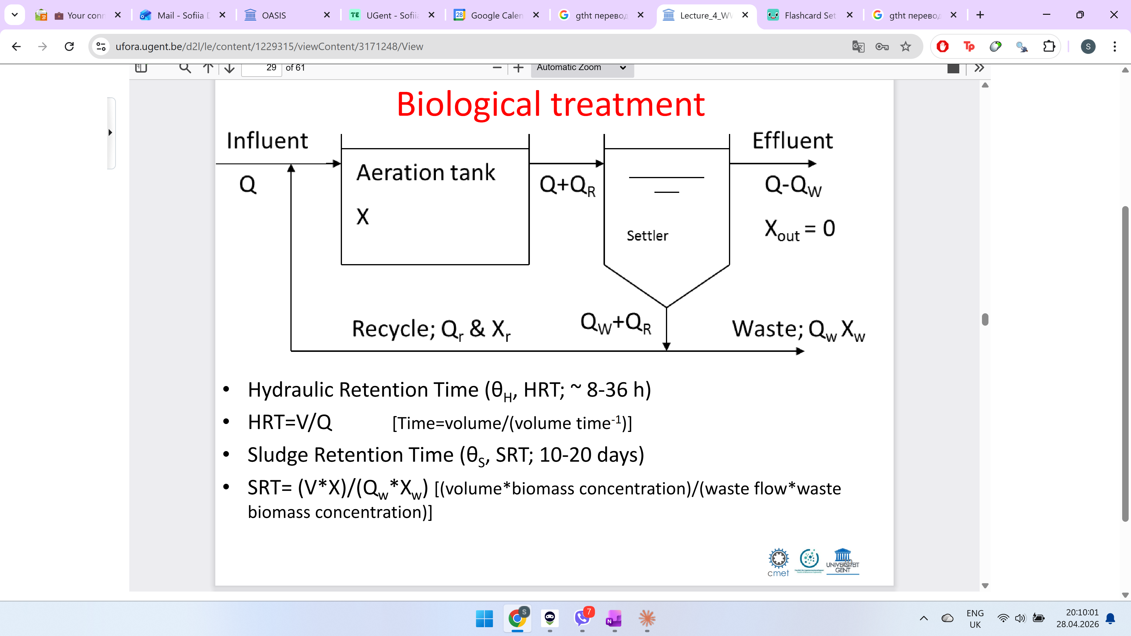 <p></p><p><strong>HRT = </strong>how long does water sit in the aeration tank, tells the volume needed given the flow = tank volume / flow of water coming</p><p><strong>SRT </strong>= total biomass / biomass removed per day, How many days bacteria stay in the system.</p>