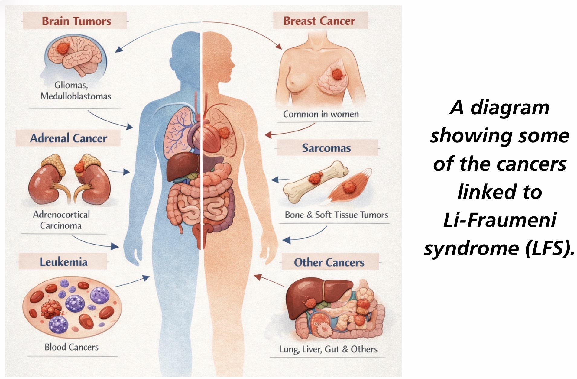 <p>Li-Fraumeni syndrome is caused by an inherited mutation in the TP53 tumor suppressor gene → loss of normal cell-cycle control → increased risk of multiple cancers at a young age, especially breast cancer, brain tumors, sarcomas, leukemia, and adrenocortical carcinoma.</p>