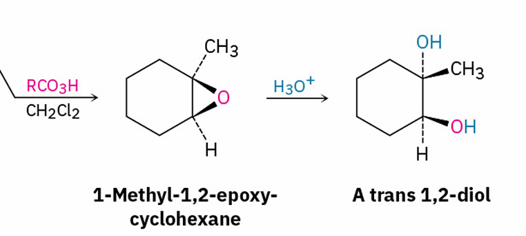 <ol><li><p>RCO<sub>3</sub>H, CH<sub>2</sub>Cl<sub>2</sub></p></li><li><p>H3O+</p></li></ol><p></p>