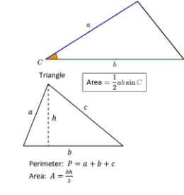 <p>P = a + b + c</p><p>A = <strong>bh</strong> / 2</p><p>OR..</p><p>A = 1/2ab sin C</p>