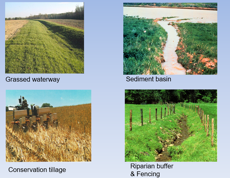 <ul><li><p>Grassed waterway = water hits the grass → grass holds the bank in place</p></li><li><p>Sediment basin = sediment will fall out in basin (traps it before it leaves the farm; placed in the lowest part of the farm)</p></li><li><p>Conservation Tilling = during the off-season leave up old crops </p></li><li><p>Riprarian Buffer and Fencing = Used to keep cows and livestock out of waterways → will eat the vegetation along the banks and their hooves can disrupt the soil</p></li></ul><p></p>