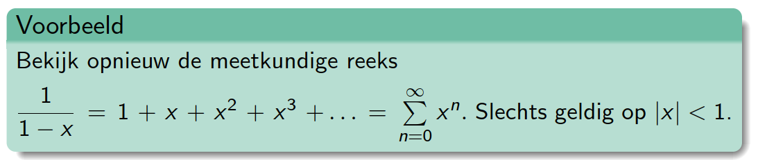 <p>Schrijf eerst in reeks vorm: 1 / (1-x) is meetk. reeks</p><p>daarna quotienttest</p>