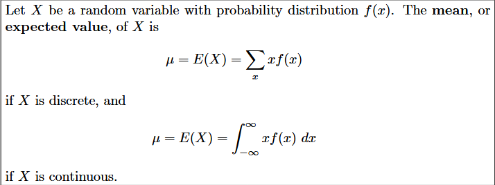 <p>-also denoted by μ<sub>x</sub></p><p>-sum of all x * f(x)</p><p>-relate it back to finding sample mean</p>