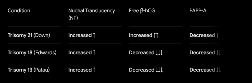 <p>15.0 - 22.6 Weeks</p><p></p><p>AFP, hCG, uE3 (unconjugated estriol), Inhibin-A</p><p></p><p>Trisomies 18, 21, and Open Neural Tube Defects (ONTDs)</p><p></p><p>T21: high hCG/Inhibin, low AFP/uE3. T18: all low. ONTD: high AFP. Less sensitive than NIPT.</p><p></p>