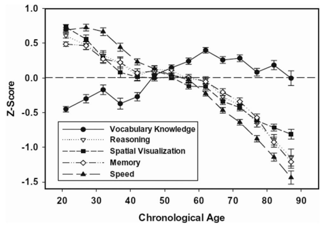 <ul><li><p>cognitive peak likely to come earlier in life</p></li><li><p>why? noradrenergic changes</p></li></ul><p></p>