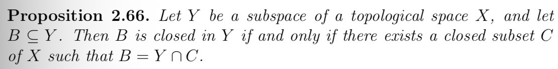 <p>A subset is closed in the induced topology if it is the intersection with a closed subset in the original topology and the subspace itself.</p>