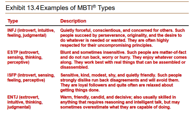 <ul><li><p>Myers Briggs Type Indicator (MBTI)</p><ul><li><p>A general personality assessment tool that measures the personality of an individual using four categories:</p><ul><li><p>Social interaction: Extrovert or Introvert (E or I)</p></li><li><p>Preference for gathering data: Sensing or Intuitive (S or N)</p></li><li><p>Preference for decision making: Feeling or Thinking (F or T)</p></li><li><p>Style of decision making: Perceptive or Judgmental (P or J)</p></li></ul></li></ul></li></ul><p></p>